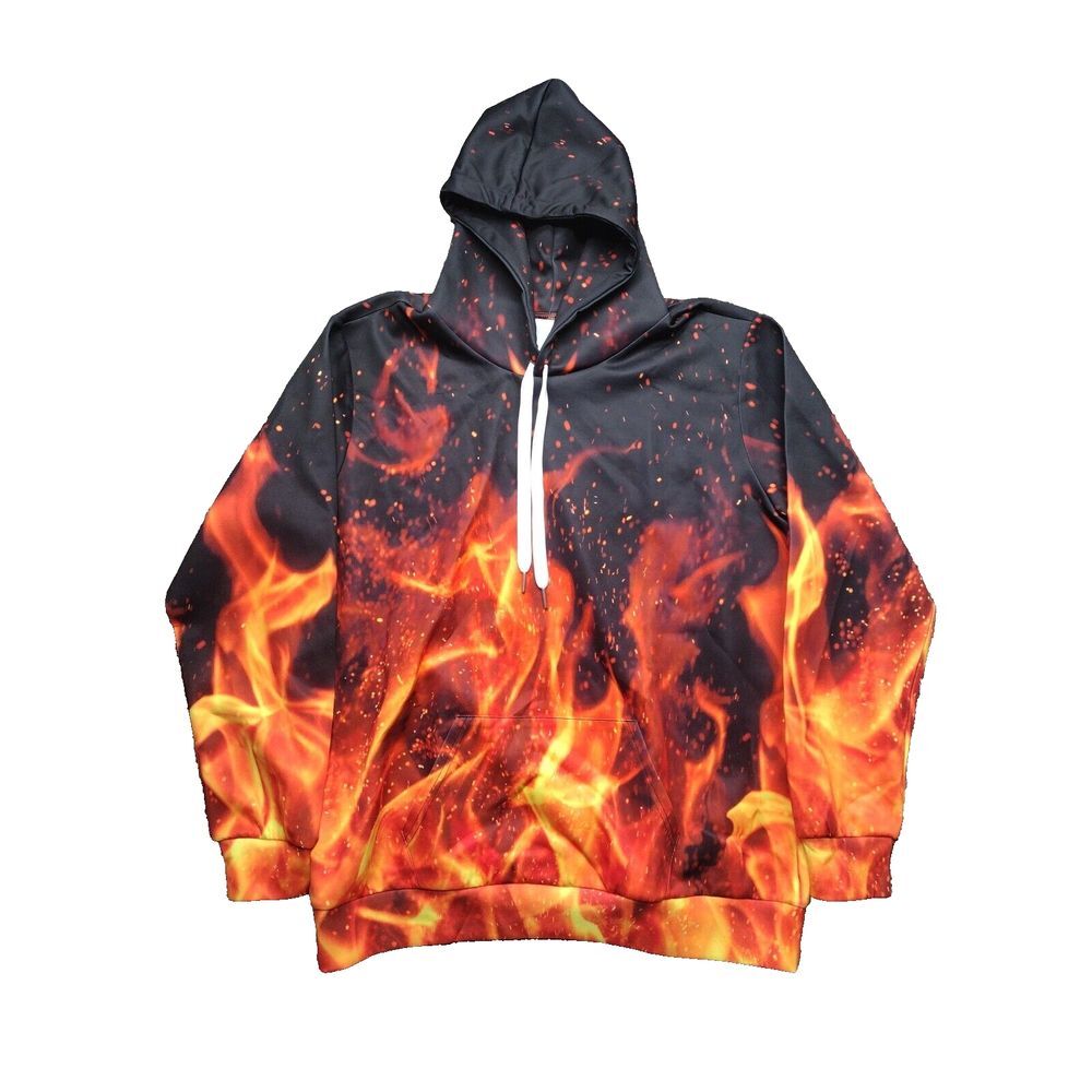 SANAATY VOLCANO FLAMES ALL OVER GRAPHIC PULLOVER HOODED SWEATSHIRT HOODIE XL EUC
